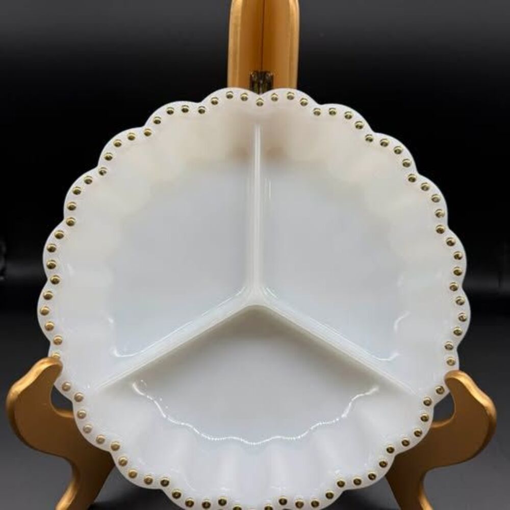 Vintage Fire-King Milk Glass Gold Beaded Divided Relish Dish